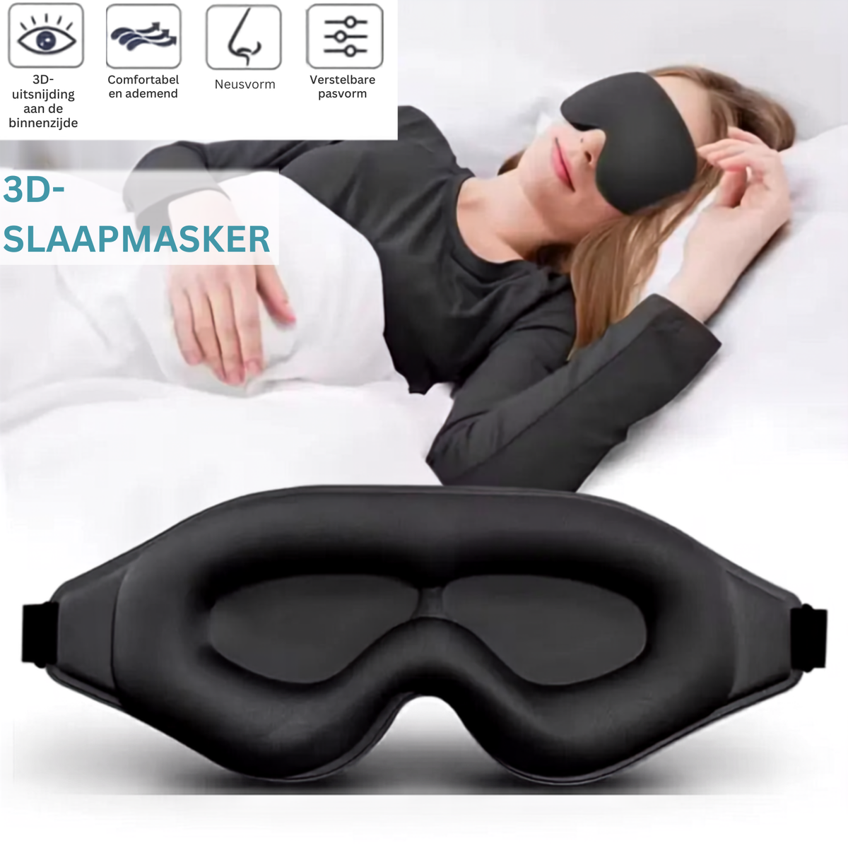 Zwart 3D-slaapmasker met verstelbare pasvorm en zachte ooguitsparingen