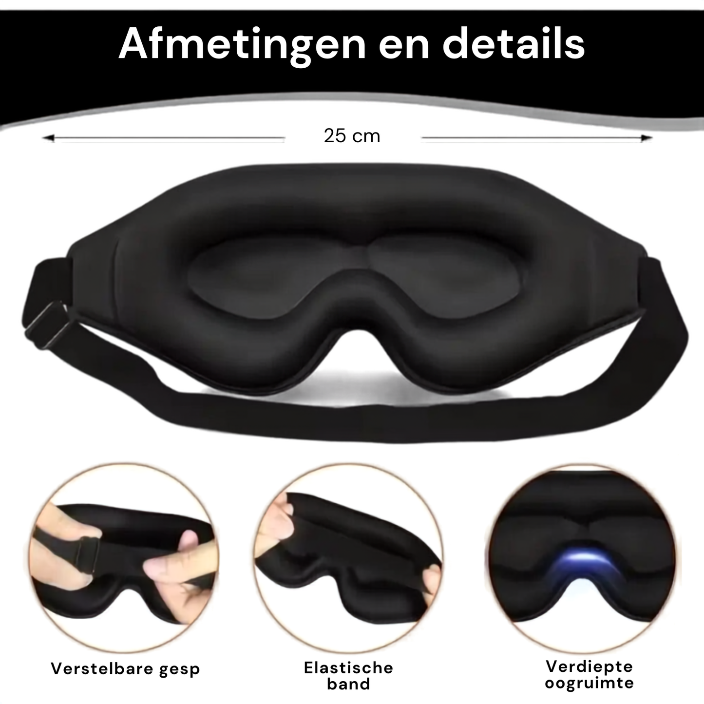 Afmetingen en verstelbare details van het zwarte 3D-slaapmasker