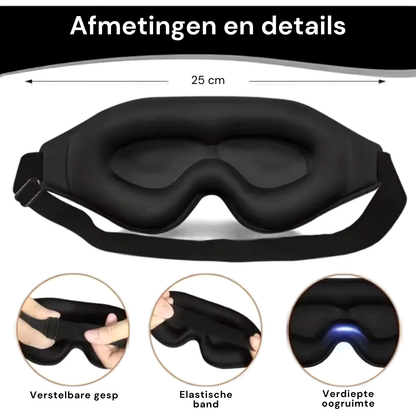 Afmetingen en verstelbare details van het zwarte 3D-slaapmasker