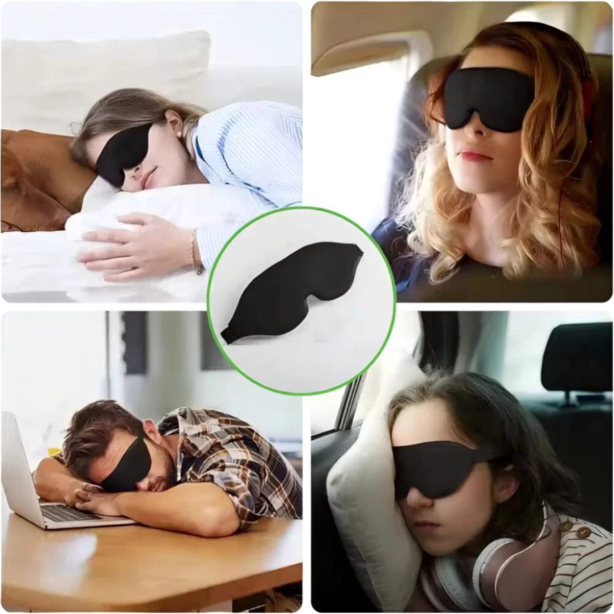 Voorbeelden van het zwarte 3D-slaapmasker in verschillende gebruiksmomenten