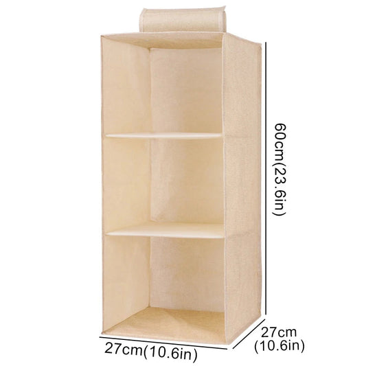 Beige hangende kastorganizer met 3 vakken en afmetingen